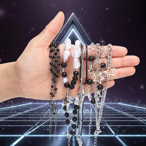 JATEBI 12 PCS Y2K Gothic Necklace Set - Star Pendant, Beaded Silver Chain, Grunge Emo Jewelry for Women, Vintage Punk Alternative Y2K Accessories in Saudi Arabia