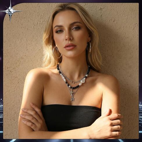 JATEBI 12 PCS Y2K Gothic Necklace Set - Star Pendant, Beaded Silver Chain, Grunge Emo Jewelry for Women, Vintage Punk Alternative Y2K Accessories in Saudi Arabia