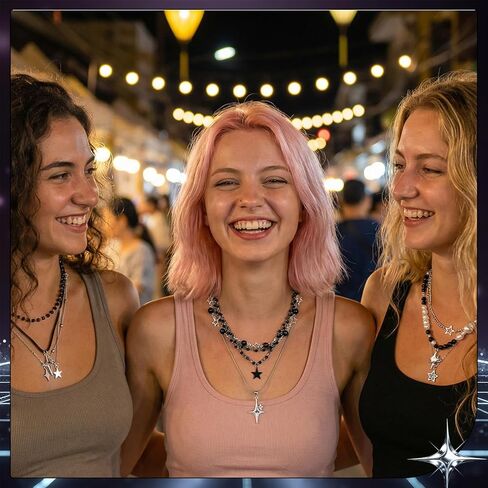 JATEBI 12 PCS Y2K Gothic Necklace Set - Star Pendant, Beaded Silver Chain, Grunge Emo Jewelry for Women, Vintage Punk Alternative Y2K Accessories in Saudi Arabia