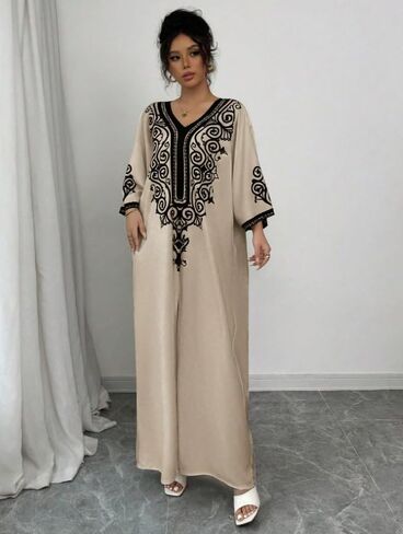 Embroidery Long Kaftan Dresses V Neck Caftan Dress Beach Cover Ups for Women Embroidery in Saudi Arabia