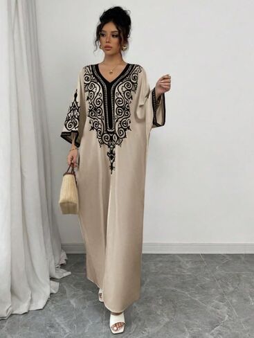 Embroidery Long Kaftan Dresses V Neck Caftan Dress Beach Cover Ups for Women Embroidery in Saudi Arabia
