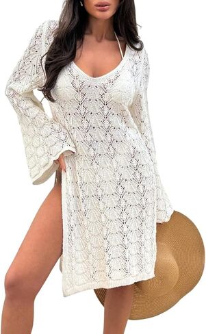 غطاء كروشيه نسائي بأكمام طويلة - فستان شاطئ شبكي خفيف الوزن بطول الركبة مع فتحة رقبة واسعة، in Kuwait