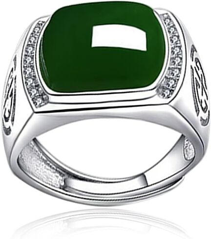 HAIXIAN Natural Agate Ring for Men, White Gold Plated Sterling Silver, Green Onyx Emerald Stone, Adjustable, Handmade Turkish Jewelry in Saudi Arabia