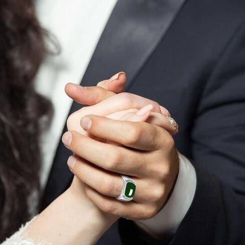 HAIXIAN Natural Agate Ring for Men, White Gold Plated Sterling Silver, Green Onyx Emerald Stone, Adjustable, Handmade Turkish Jewelry in Saudi Arabia