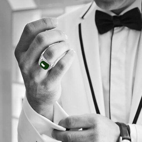 HAIXIAN Natural Agate Ring for Men, White Gold Plated Sterling Silver, Green Onyx Emerald Stone, Adjustable, Handmade Turkish Jewelry in Saudi Arabia