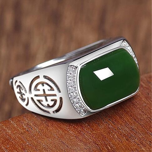 HAIXIAN Natural Agate Ring for Men, White Gold Plated Sterling Silver, Green Onyx Emerald Stone, Adjustable, Handmade Turkish Jewelry in Saudi Arabia