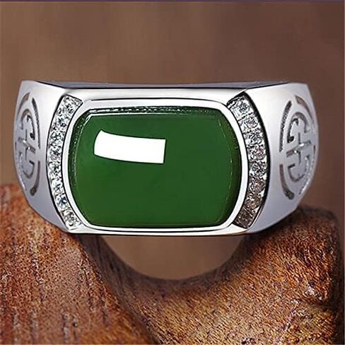 HAIXIAN Natural Agate Ring for Men, White Gold Plated Sterling Silver, Green Onyx Emerald Stone, Adjustable, Handmade Turkish Jewelry in Saudi Arabia