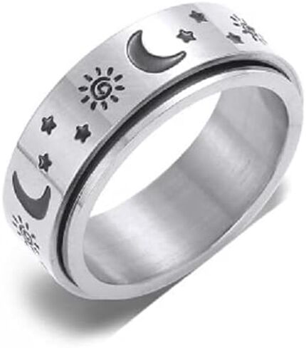 الملونة بلينغ 316L الفولاذ المقاوم للصدأ الدوار القلق الفرقة الدائري 8/6mm نجمة القمر الشمس زهرة تململ الدائري تخفيف التوتر خطوبة وعد بارد السائق مجوهرات للنساء الرجال زوجين in Kuwait