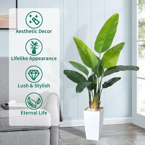 Bird of Paradise Artificial Plant 6FT, Faux Tropical Palm Tree with White Tall Planter, Large Fake Plants in Pot - Artificial Tree for Home Office Living Room Decor Indoor in Kuwait