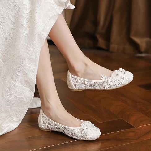 33118 Women’s Lace Floral Flat Wedding Shoes Elegant Rhinestone Flower Bridal Flats Comfortable Shoes in Saudi Arabia