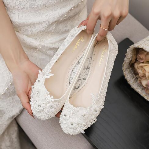 33118 Women’s Lace Floral Flat Wedding Shoes Elegant Rhinestone Flower Bridal Flats Comfortable Shoes in Saudi Arabia