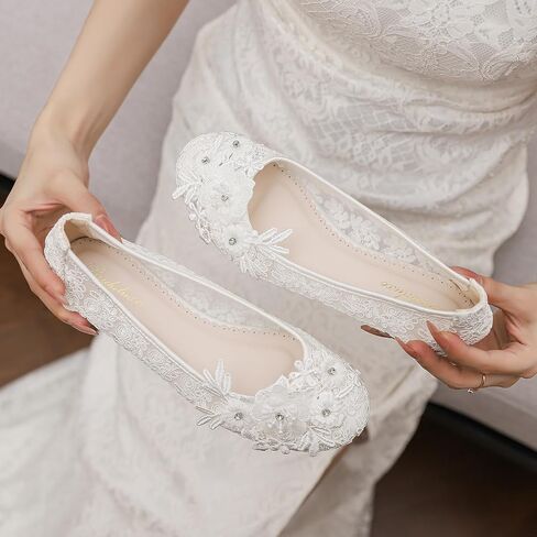 33118 Women’s Lace Floral Flat Wedding Shoes Elegant Rhinestone Flower Bridal Flats Comfortable Shoes in Saudi Arabia