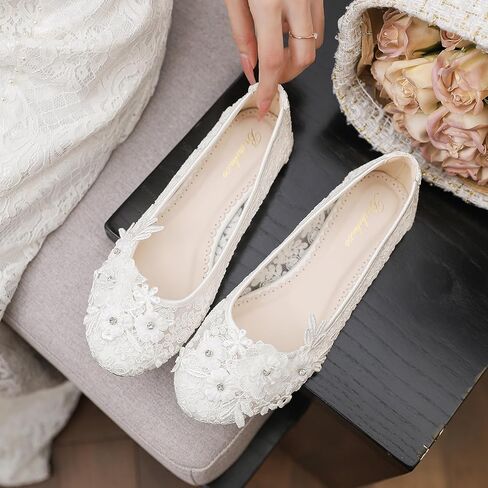 33118 Women’s Lace Floral Flat Wedding Shoes Elegant Rhinestone Flower Bridal Flats Comfortable Shoes in Saudi Arabia