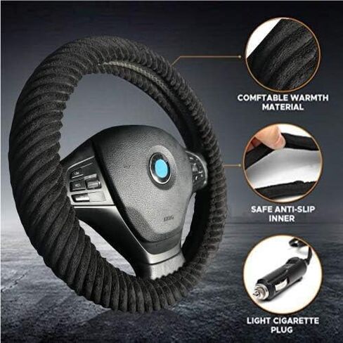 New Heated Steering Wheel Cover, 12V Car Plug, Universal Fit 14.5-15 Inch Anti-Slip Wheel Protector for Men Women Girls, Black Premium Auto Protector for Ultimate Comfort & Warmth in Kuwait