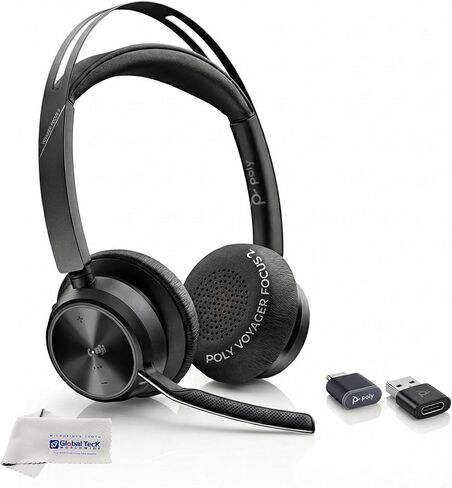 Plantronics Poly Voyager Focus 2 UC Wireless Headphones with Headset Stand, Compatible for Teams, Phones Calls, Zoom, Noise Cancelling Wireless Headset with Mic for Work, Over The Ear, GTW Microfiber in Kuwait