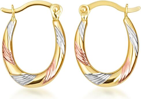 أقراط دائرية بيضاوية ذهبية مخططة للنساء | 10K أو 14K ثلاثي الألوان الأصفر والأبيض والذهبي الوردي in Kuwait