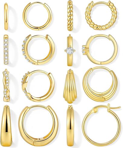 مجموعة أقراط هوجي هوب من الذهب والفضة للنساء، مجموعة أقراط دائرية أنيقة مطلية بالذهب الأبيض عيار 14 قيراط من تشيكوسلوفاكيا لثقب متعدد، مجموعة أقراط غضروفية صغيرة هدية مجوهرات in Kuwait