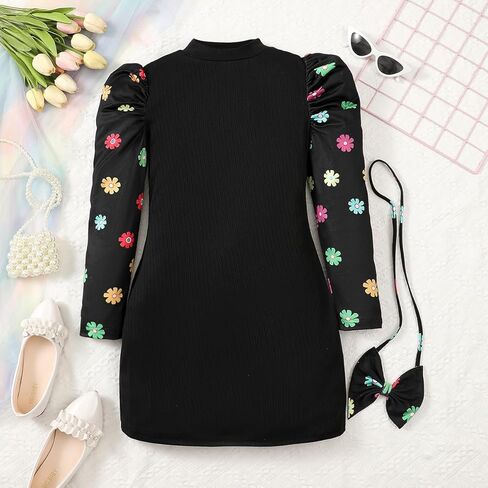 Girls Dress Black with Colorful Floral Puff Sleeves, Accessories Included for Birthday & Holiday 8-12Y in Saudi Arabia