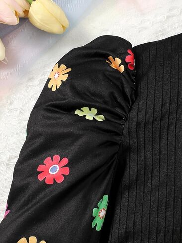 Girls Dress Black with Colorful Floral Puff Sleeves, Accessories Included for Birthday & Holiday 8-12Y in Saudi Arabia