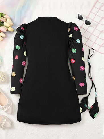 Girls Dress Black with Colorful Floral Puff Sleeves, Accessories Included for Birthday & Holiday 8-12Y in Saudi Arabia