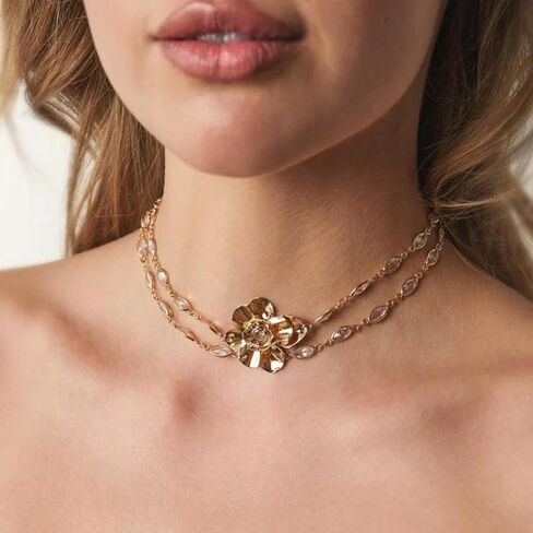 Ettika Choker Necklace For Women. Choker Necklace. Layered Bezel Crystal 18K Gold Plated Flower Necklace. Gifts for Women in Saudi Arabia