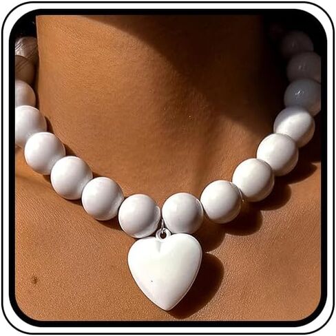 Large White Beaded Heart Pendant Necklace for Women Exaggerated Chunky Round Balls Beads Choker Love Shaped Bib Collar Necklace Y2k Clear Hearts Jewelry in Kuwait