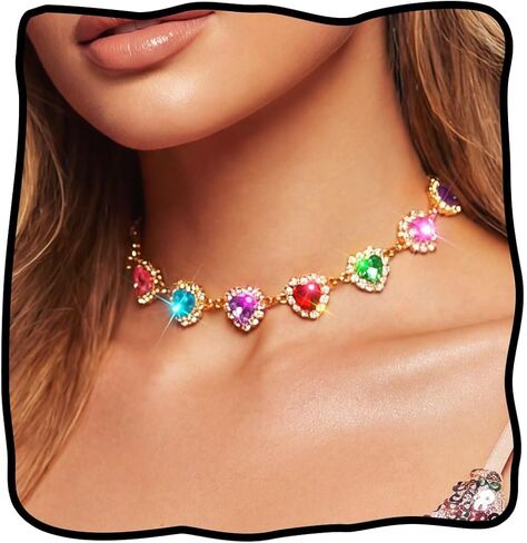 JEAIRTS Colorful Heart Rhinestone Choker Necklace Gold Multicolor Crystal Collar Necklaces Jewelry for Women in Kuwait