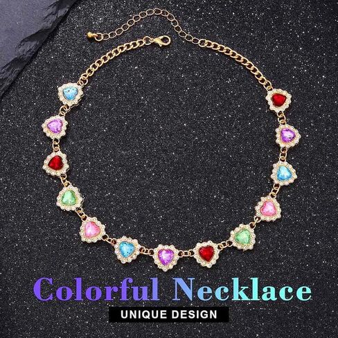 JEAIRTS Colorful Heart Rhinestone Choker Necklace Gold Multicolor Crystal Collar Necklaces Jewelry for Women in Kuwait