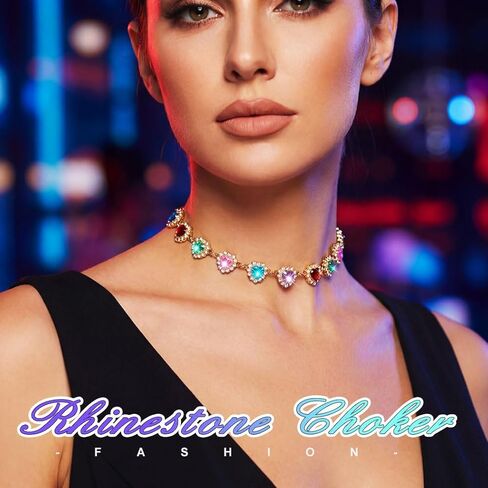 JEAIRTS Colorful Heart Rhinestone Choker Necklace Gold Multicolor Crystal Collar Necklaces Jewelry for Women in Kuwait