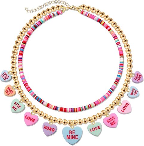 Valentine’s Day Heart Layered Necklaces for Women Funny Surfer Heishi Gold Beads Conversation Hearts Pendant Choker Necklace Anniversary Jewelry Gifts for Her in Saudi Arabia
