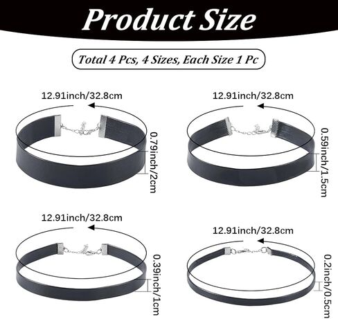 4 Sizes 4PCS PU Leather Choker Necklace for Women Black Gothic Punk Leather Layering Collars Adjustable Neckband with Extender Chains for Costume Jewelry Halloween Party in Kuwait