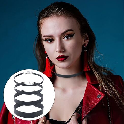 4 Sizes 4PCS PU Leather Choker Necklace for Women Black Gothic Punk Leather Layering Collars Adjustable Neckband with Extender Chains for Costume Jewelry Halloween Party in Kuwait