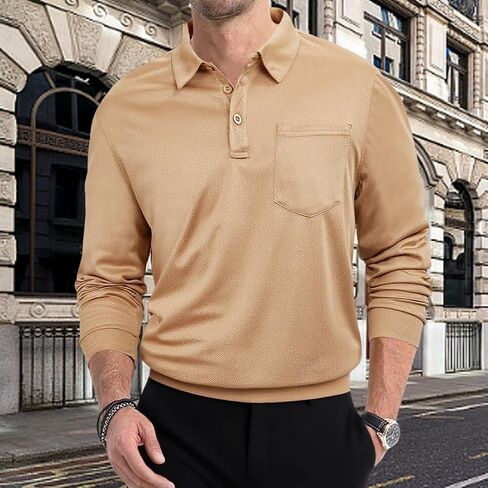 Mens Polo Shirts Long Sleeve Lightweight Athletic Casual Cotton Collared Shirt Button Golf T-Shirts in Saudi Arabia