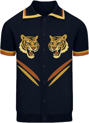 OXKNIT Men's Knit Polo Shirt, Retro Tiger Pattern Cardigan Polo Button Down Short Sleeve Shirt, Dark Blue in Kuwait