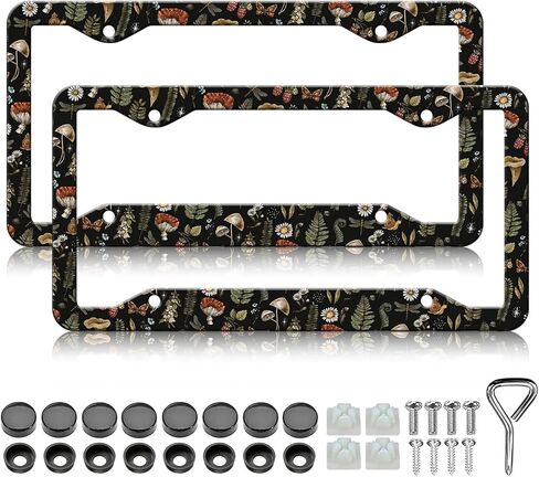 Mushroom License Plate Frames - 2 Pack Woodland Fern Dragonfly Amanita License Plate Holder,Aluminum Metal Rust-Proof Waterproof Car Decorative Tag Frames for Standard US Canada 12x6 Inch in Saudi Arabia