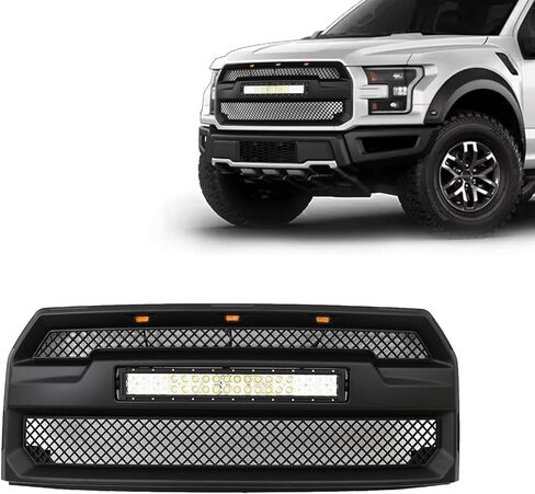 JX RACING Front Bumper Grille Hood Grill With LED Lights Compatible with Ford F150 F-150 2015 2016 2017 Matte Black Mesh Upper Grille Assembly With LED Light Bar W/O Camera Hole Raptor Style in Kuwait