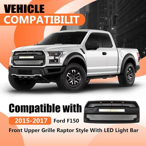 JX RACING Front Bumper Grille Hood Grill With LED Lights Compatible with Ford F150 F-150 2015 2016 2017 Matte Black Mesh Upper Grille Assembly With LED Light Bar W/O Camera Hole Raptor Style in Kuwait