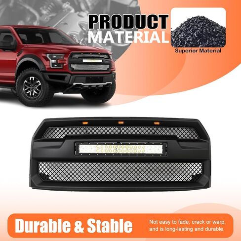 JX RACING Front Bumper Grille Hood Grill With LED Lights Compatible with Ford F150 F-150 2015 2016 2017 Matte Black Mesh Upper Grille Assembly With LED Light Bar W/O Camera Hole Raptor Style in Kuwait