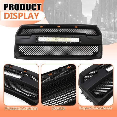 JX RACING Front Bumper Grille Hood Grill With LED Lights Compatible with Ford F150 F-150 2015 2016 2017 Matte Black Mesh Upper Grille Assembly With LED Light Bar W/O Camera Hole Raptor Style in Kuwait