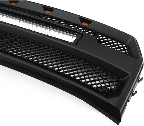 JX RACING Front Bumper Grille Hood Grill With LED Lights Compatible with Ford F150 F-150 2015 2016 2017 Matte Black Mesh Upper Grille Assembly With LED Light Bar W/O Camera Hole Raptor Style in Kuwait