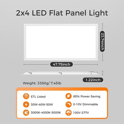 6 عبوات 2x4 LED لوحة مسطحة ضوء السقف 0-10 فولت عكس الضوء، 30/40/50 واط و3000 كيلو/4000 كيلو/5000 كيلو قابلة للاختيار، للمكتب، المتجر، 120-277 فولت، مدرج في قائمة ETL in Kuwait