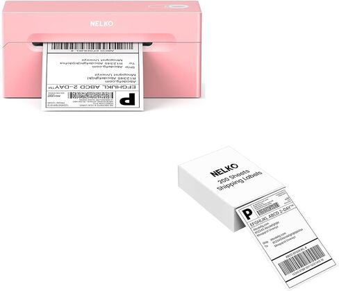 Nelko Bluetooth Thermal Shipping Label Printer (Pink), Whith Genuine 4x6 Direct Thermal Shipping Label (Pack of 220 Fan-Fold Labels) in Kuwait