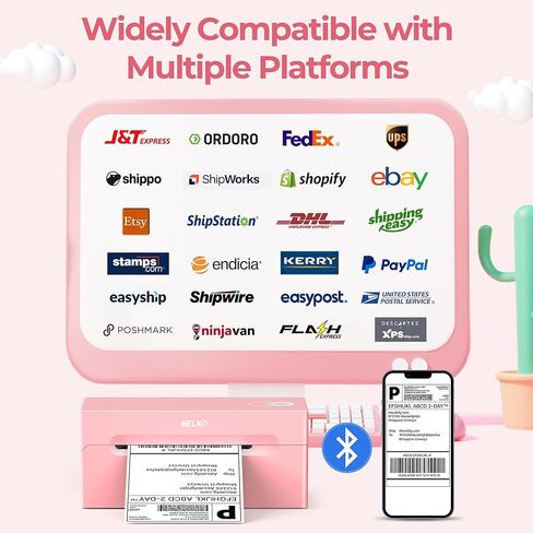 Nelko Bluetooth Thermal Shipping Label Printer (Pink), Whith Genuine 4x6 Direct Thermal Shipping Label (Pack of 220 Fan-Fold Labels) in Kuwait