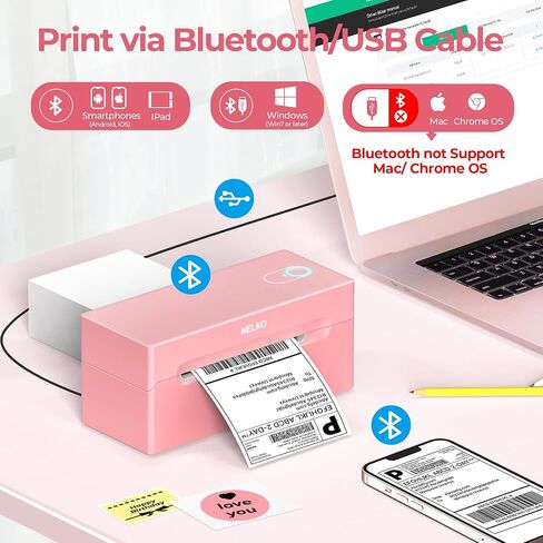 Nelko Bluetooth Thermal Shipping Label Printer (Pink), Whith Genuine 4x6 Direct Thermal Shipping Label (Pack of 220 Fan-Fold Labels) in Kuwait