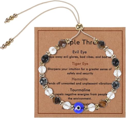 Evil Eye Bracelet for Women, Natural Crystal Protection Healing Bracelets with Amethyst Black Tourmaline, Adjustable Spiritual Jewelry Gift with Meaning Card in Kuwait