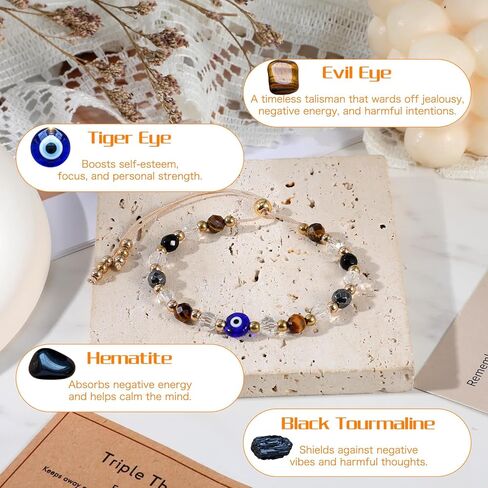 Evil Eye Bracelet for Women, Natural Crystal Protection Healing Bracelets with Amethyst Black Tourmaline, Adjustable Spiritual Jewelry Gift with Meaning Card in Kuwait