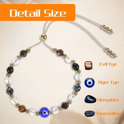 Evil Eye Bracelet for Women, Natural Crystal Protection Healing Bracelets with Amethyst Black Tourmaline, Adjustable Spiritual Jewelry Gift with Meaning Card in Kuwait