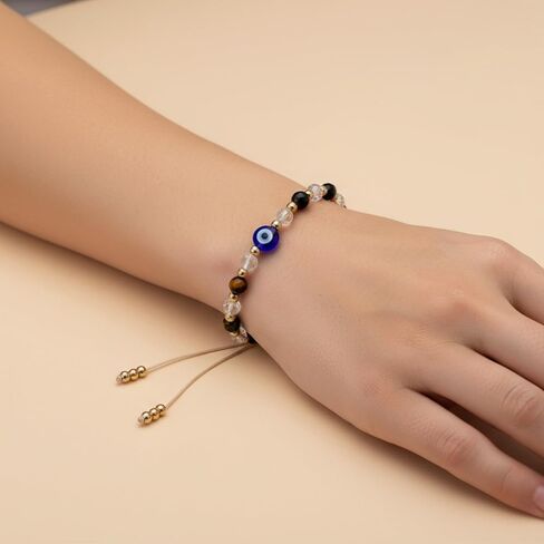 Evil Eye Bracelet for Women, Natural Crystal Protection Healing Bracelets with Amethyst Black Tourmaline, Adjustable Spiritual Jewelry Gift with Meaning Card in Kuwait