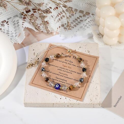 Evil Eye Bracelet for Women, Natural Crystal Protection Healing Bracelets with Amethyst Black Tourmaline, Adjustable Spiritual Jewelry Gift with Meaning Card in Kuwait