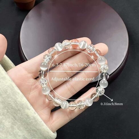 Anxiety Bracelets for Women Men White Crystal Cat's Eye Natural Stone Handmade Gemstones Crystal Elastic Adjustable Yoga Beads Bracelet Spiritual Jewelry Gifts in Saudi Arabia